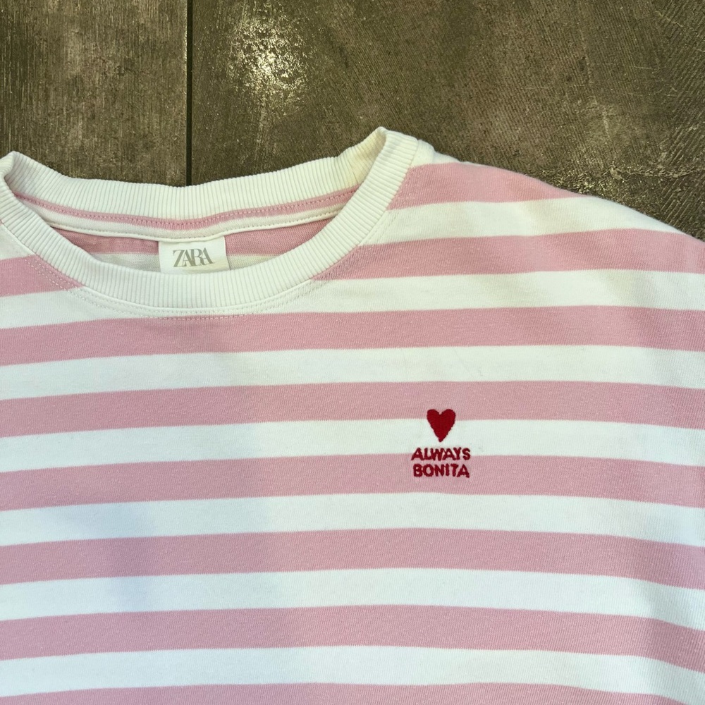 Zara Pink and White Striped Kids Shirt heart embroidered 11/12 heavy material - Picture 5 of 7